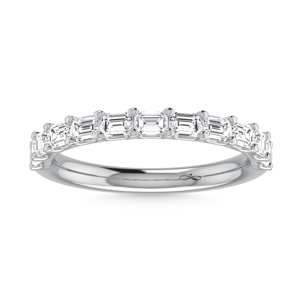 14K White Gold Lab Grown Diamond 7/8 Ct.Tw. Emerald Shape Half Way East West Eternity Band: 14K White Gold Lab Grown Diamond 7/8 Ct.Tw. Emerald Shape Half Way East West Eternity Band Indulge in refined elegance with this 14K White Gold East-West Halfway Eternity Band, featuring 7/8 Ct.Tw. of