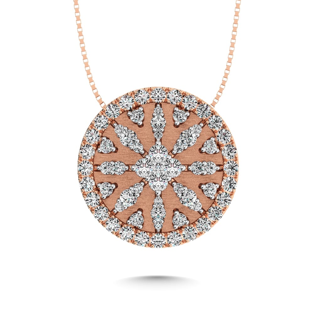 14K Rose Gold 1 Ct.Tw. Diamond Disc Fashion Pendant: 14K Rose Gold 1 Ct.Tw. Diamond Disc Fashion Pendant 14k Rose Gold Stone Color: G-h Stone Clarity: I1 Unless otherwise specified, pendants that include a chain are paired with our standard 18-inch leng