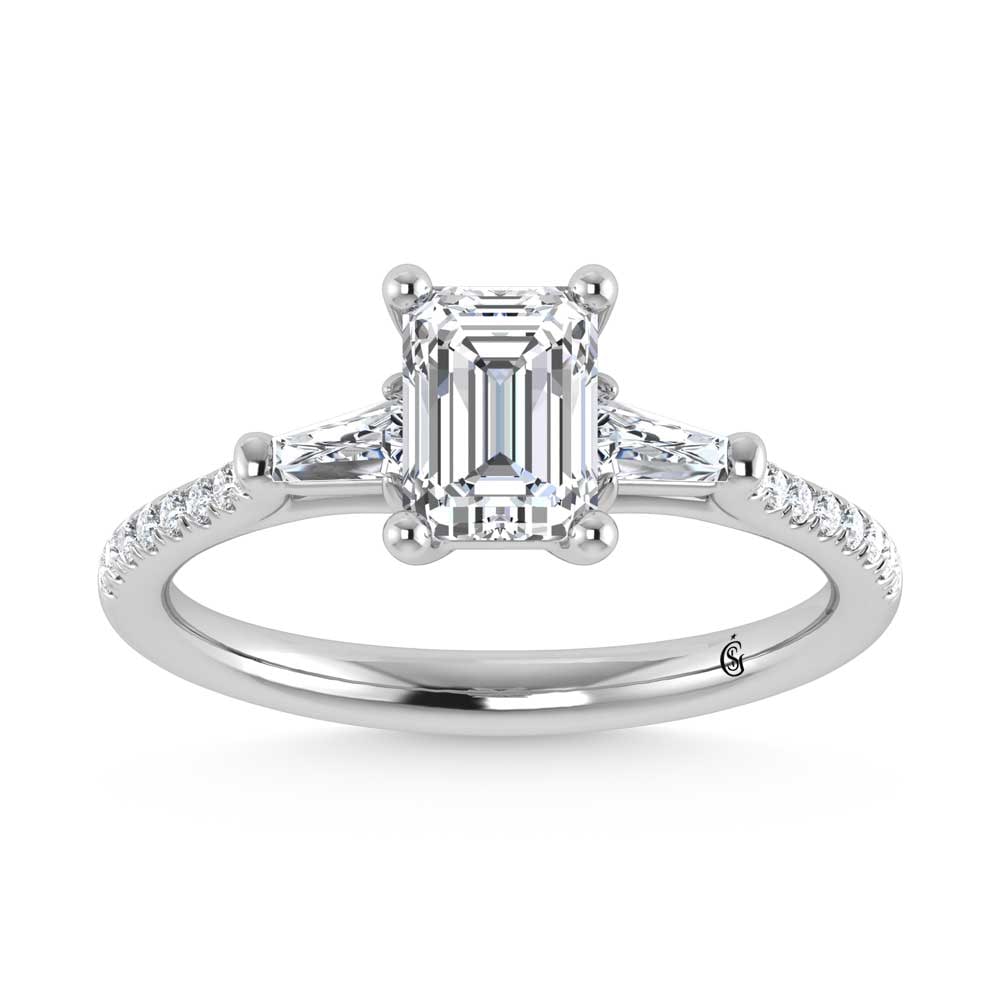10K White Gold Lab Grown Diamond 1 1/4 Ct.Tw. Engagement Ring-Center -1 ct: 10K White Gold Lab Grown Diamond 1 1/4 Ct.Tw. Engagement Ring-Center -1 ct This stunning three-stone ring features a sparkling 1 ct Emeralrd Center diamond with two shimmering side diamonds, symbolizi