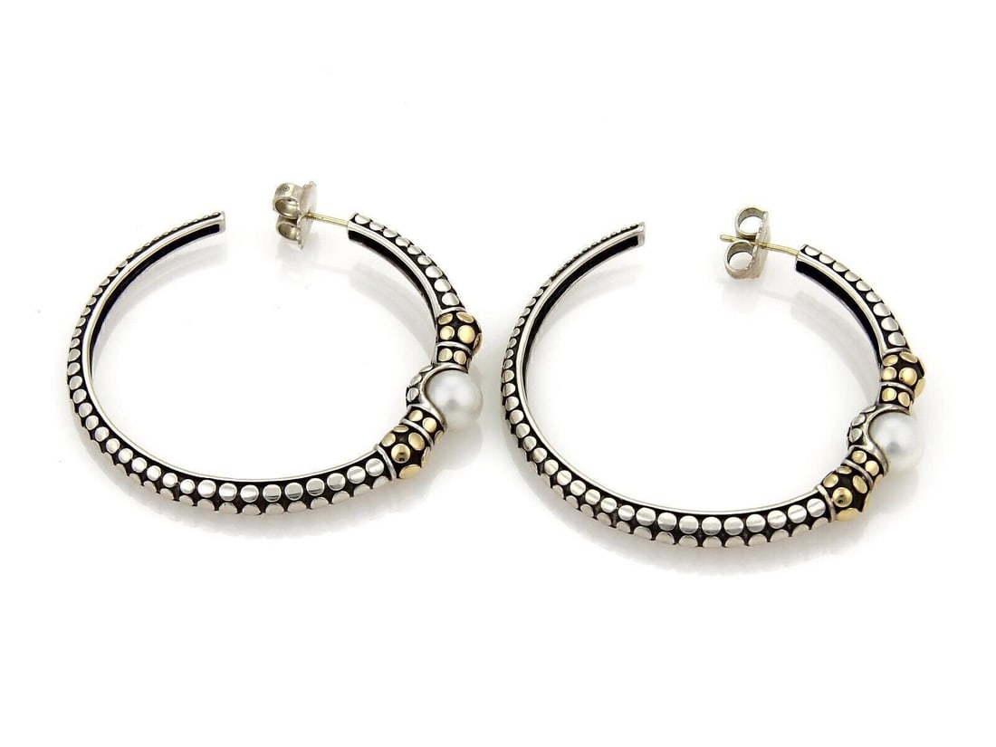 Large Sterling Silver 18k Gold Pearl Hoop Earrings by John Hardy Dots: Large Sterling Silver 18k Gold Pearl Hoop Earrings by John Hardy Dots These large hoop earrings by John Hardy are crafted from sterling silver and 18k yellow gold, featuring the signature dotted motif