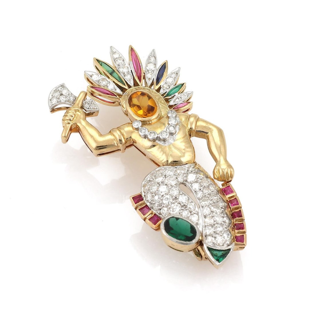 Dancing Native Indian Brooch 1.45ct Diamond Gemstones Platinum 18k Gold: Dancing Native Indian Brooch 1.45ct Diamond Gemstones Platinum 18k Gold This stunning estate brooch features a detailed figure of a dancing Native Indian, crafted from 18k yellow gold and platinum.