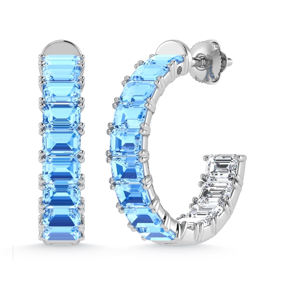 14K White Gold Lab Grown 5 5/8 Ct.Tw. Outside Blue and Inside White Emerald Hoop Earrings: 14K White Gold Lab Grown 5 5/8 Ct.Tw. Outside Blue and Inside White Emerald Hoop Earrings Designed in sleek 14K white gold, these emerald-cut hoops showcase 5 5/8 Ct.Tw. of lab grown diamonds, featuri