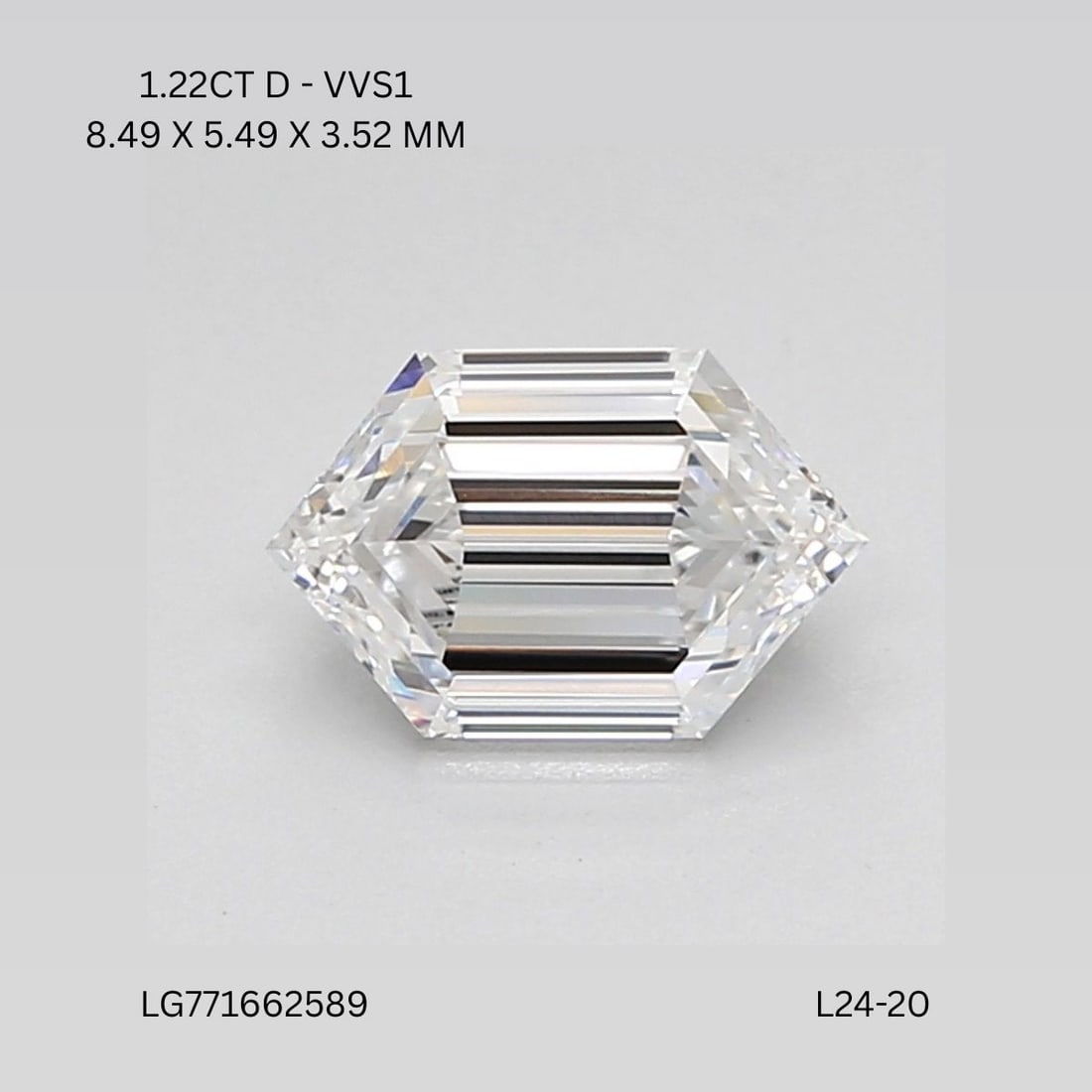 Loose Diamond - HEXAGONAL 1.22ct D VVS1: Loose Diamond - HEXAGONAL 1.22ct D VVS1 Source: This is a real non-mined Diamond that has been grown in a lab Shape: HEXAGONAL Carats: 1.22 Color: D Clarity: VVS1 Certification: IGI Video: