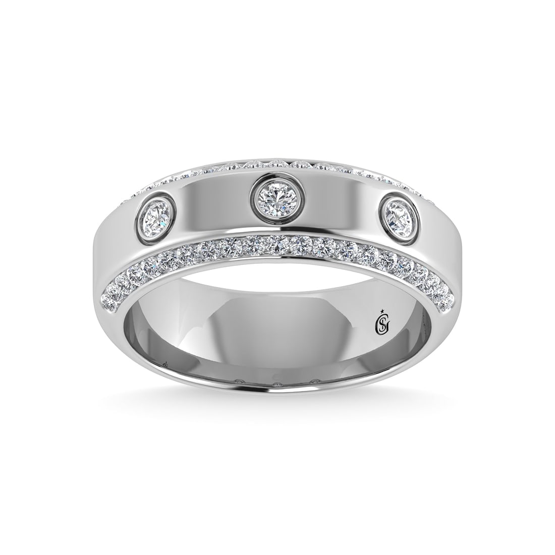14K White Gold Diamond 3/4 Ct.Tw. Mens Machine Band: 14K White Gold Diamond 3/4 Ct.Tw. Mens Machine Band 14k White Gold Stone Color: G-h Stone Clarity: I1-i2 Each ring is presented in standard size 6.5. Complimentary resizing is available between