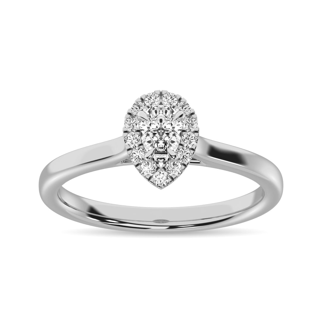 Diamond 3/8 Ct.Tw. Pear Center Halo Engagement Ring in 10K White Gold: Diamond 3/8 Ct.Tw. Pear Center Halo Engagement Ring in 10K White Gold 10k White Gold Stone Color: G-h Stone Clarity: I1 Each ring is presented in standard size 6.5. Complimentary resizing is