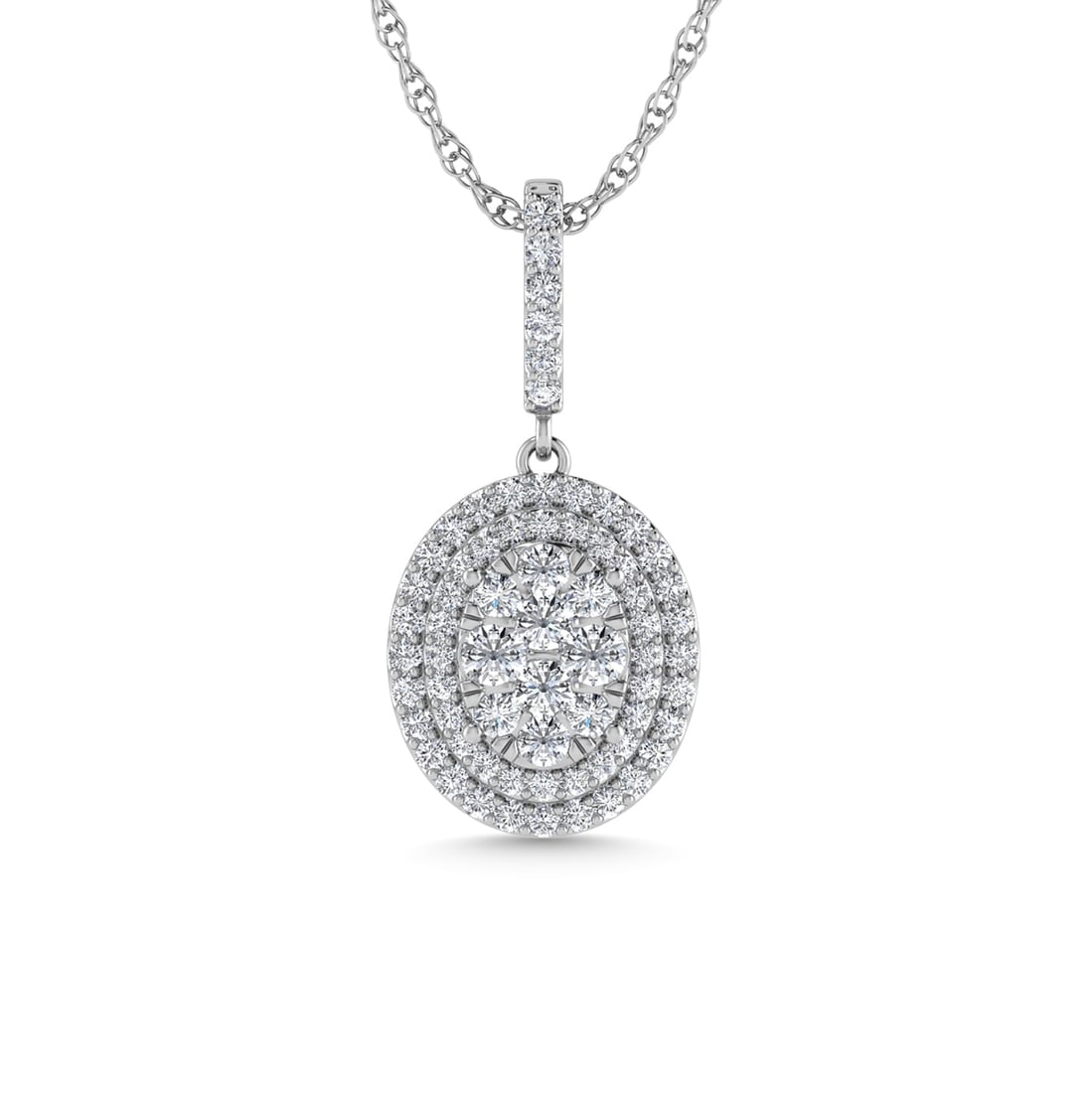 Diamond 3/4 Ct.Tw. Cluster Pendants in 14K White Gold: Diamond 3/4 Ct.Tw. Cluster Pendants in 14K White Gold 14k White Gold Stone Color: G-h Stone Clarity: I1 Unless otherwise specified, pendants that include a chain are paired with our standard 18-inch