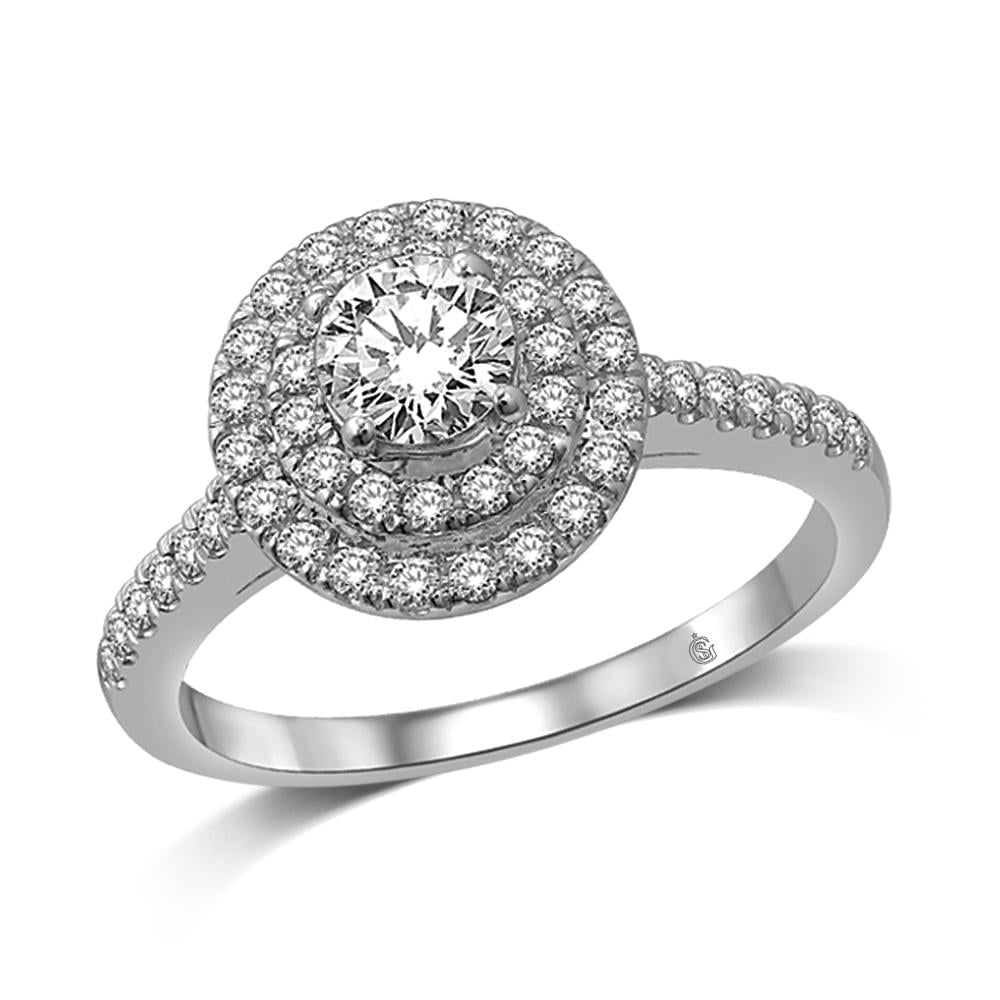 14K White Gold 1 Ct.Tw. Diamond Halo Engagement Ring: 14K White Gold 1 Ct.Tw. Diamond Halo Engagement Ring This beautiful Engagement Ring is available in 14K White Gold. There are 48 round diamonds with a total carat weight of 1 Ct.Tw. set in a micro