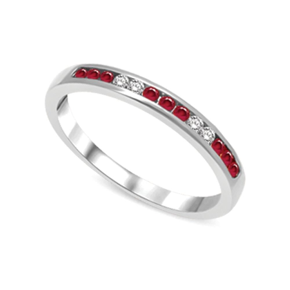 14K White Gold 1/5 Ct.tw Ruby & Diamond Machine Band: 14K White Gold 1/5 Ct.tw Ruby & Diamond Machine Band 14K White Gold Machine Band Set with 9 round cut 1/5 Ct.Tw. Garnet and 4 diamonds in channel setting. 14k White Gold Stone Color: Gh Stone