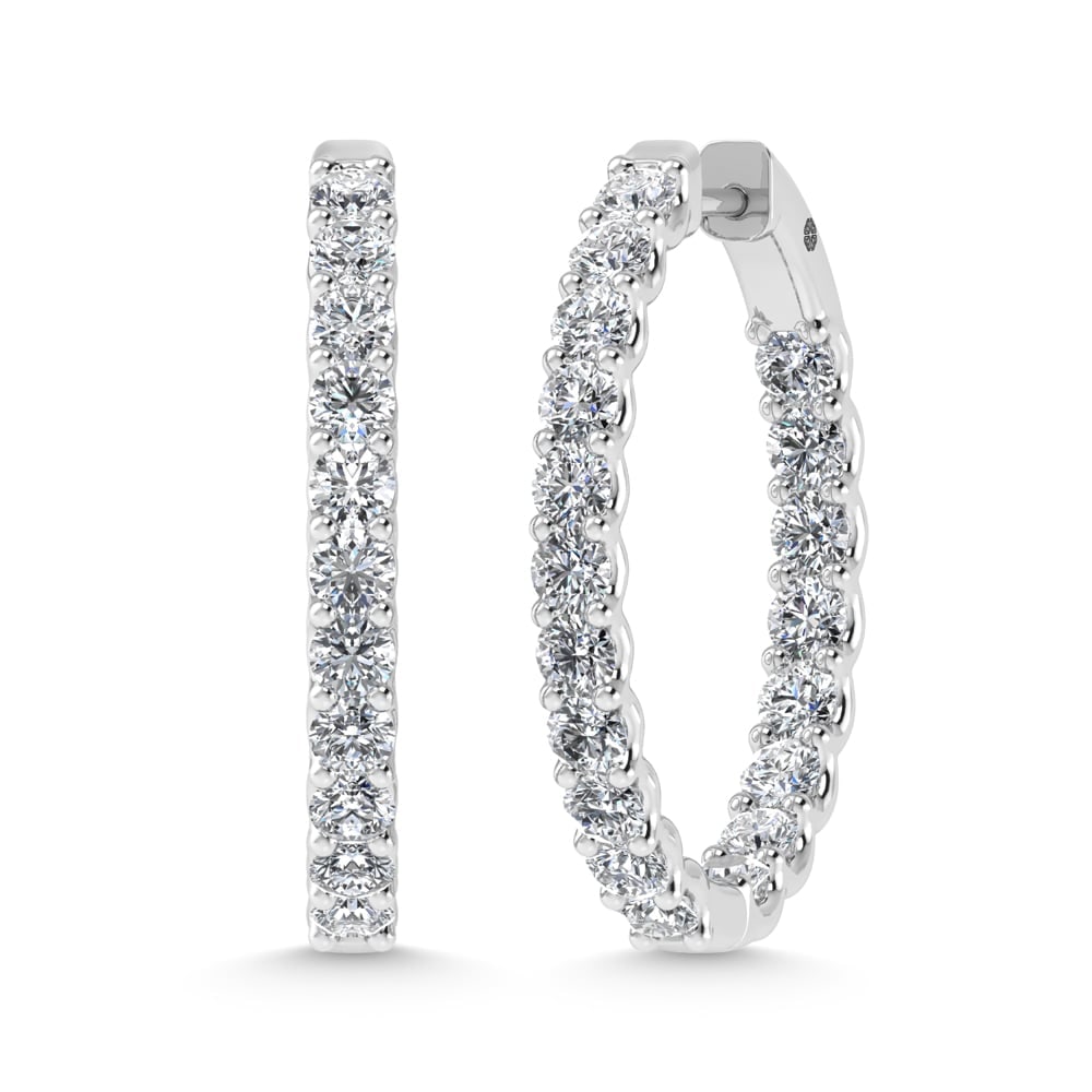 10K White Gold 3 Ct.Tw. Lab Grown Diamond In and Our Hoop Earrings: 10K White Gold 3 Ct.Tw. Lab Grown Diamond In and Our Hoop Earrings Dazzling 10K white gold hoops adorned with 3 Ct.Tw. lab-grown diamonds in an in-and-out design. 10k White Gold Stone Color: D-f Stone