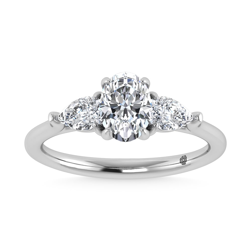 14K White Gold Lab Grown Diamond 1 1/4 Ct.Tw. Three Stone Ring (Center 3/4 ct): 14K White Gold Lab Grown Diamond 1 1/4 Ct.Tw. Three Stone Ring (Center 3/4 ct) This stunning three-stone ring features a sparkling 3/4 CT Oval Center diamond with two shimmering side diamonds, symboli