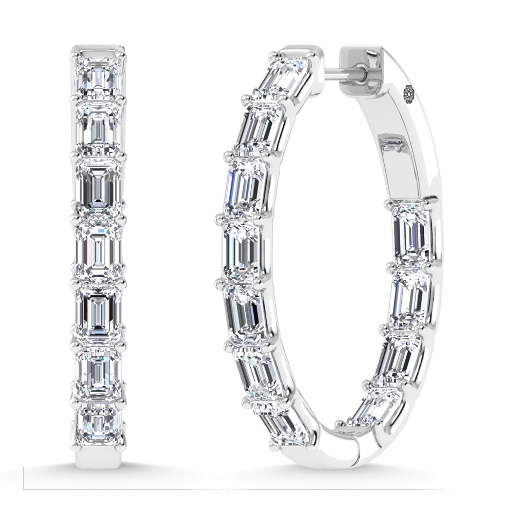 14K White Gold 3 1/2 Ct.Tw. Lab Grown Diamond Vertical Emerald Shape In and Out Hoop Earrings: 14K White Gold 3 1/2 Ct.Tw. Lab Grown Diamond Vertical Emerald Shape In and Out Hoop Earrings Beautiful 14K white gold hoops adorned with 3 1/2 Ct.Tw. lab-grown diamonds in vertical emerald shape. 14k