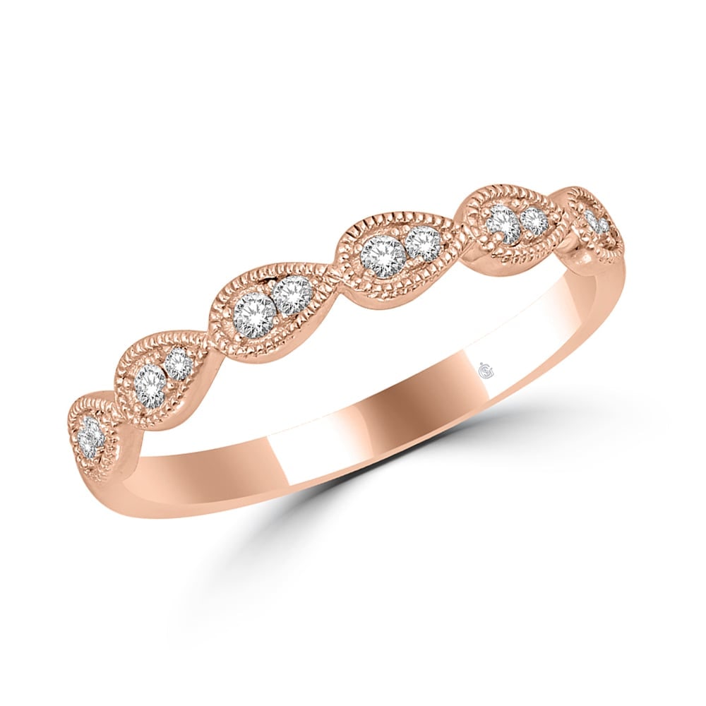 14K Rose Gold 1/8 Ct.Tw. Diamond Stackable Band: 14K Rose Gold 1/8 Ct.Tw. Diamond Stackable Band This Glamorous Stackable Band Fashioned In Cool 14K Rose Gold And Outline With Milgrain Frame. Captivating With 1/8 Ct. T.W. Of Diamonds And A
