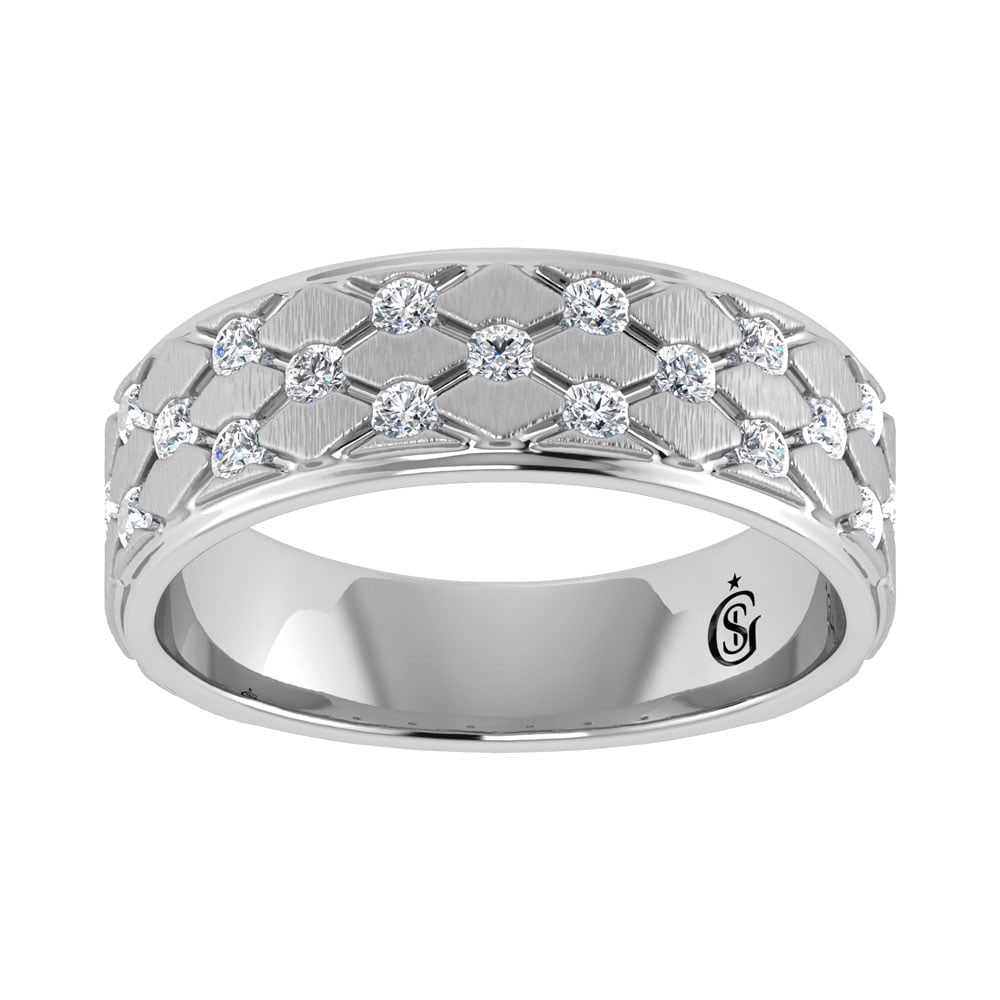 14K White Gold Diamond 1/2.Ct. Tw. Mens Machine Band: 14K White Gold Diamond 1/2.Ct. Tw. Mens Machine Band 14k White Gold Stone Color: G-h Stone Clarity: Si2 Each ring is presented in standard size 6.5. Complimentary resizing is available between sizes 5