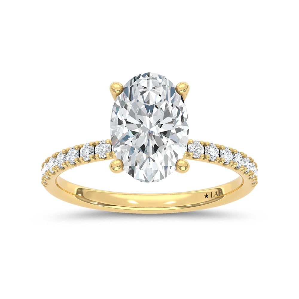 14K Yellow Gold Lab Grown Round Diamond 2 1/3 Ct.Tw. Engagement Ring With Oval Center: 14K Yellow Gold Lab Grown Round Diamond 2 1/3 Ct.Tw. Engagement Ring With Oval Center Discover subtle brilliance and modern elegance with our Hidden Halo Diamond Engagement Ring. This elegant engageme