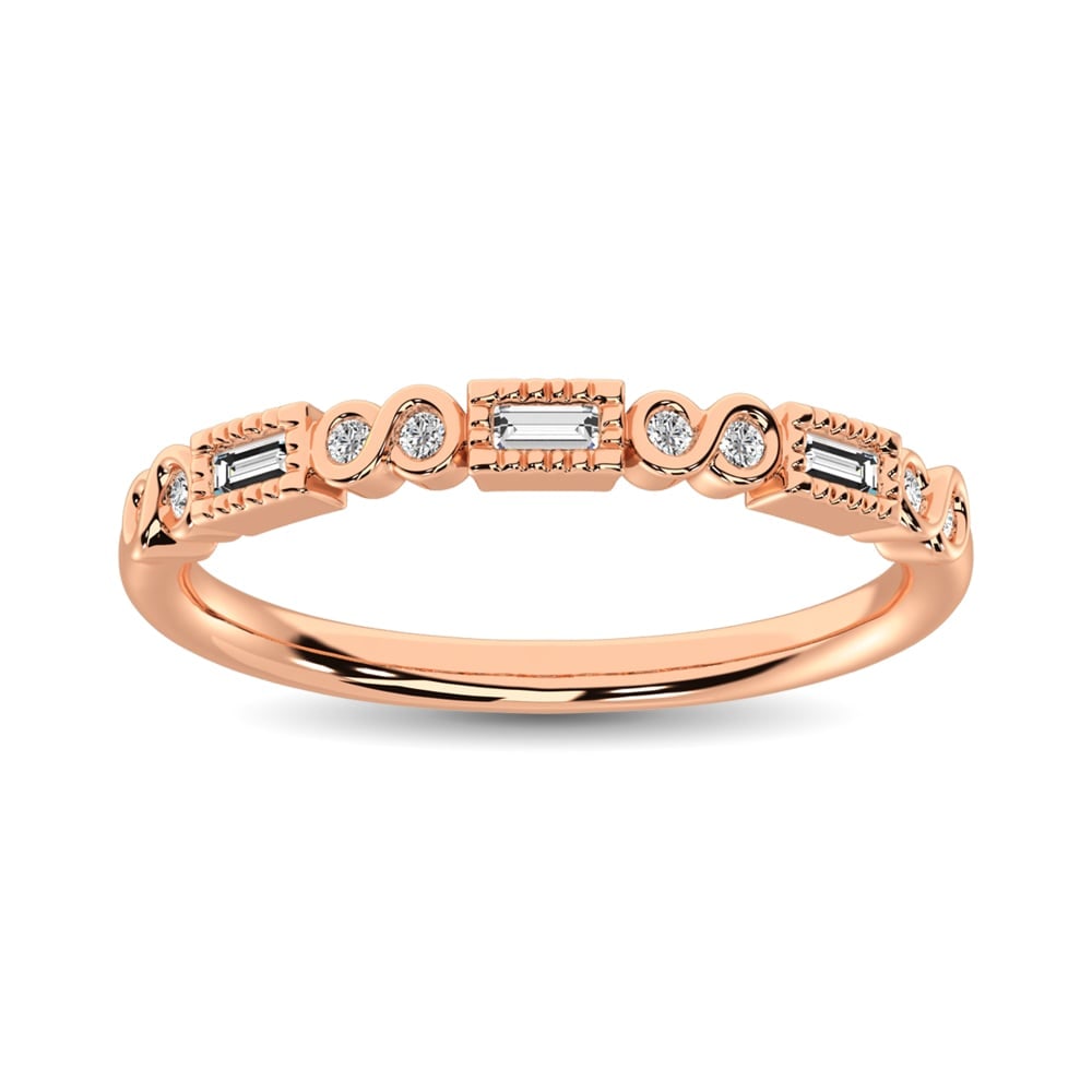 Diamond 1/10 Ct.Tw. Stack Band in 14K Rose Gold: Diamond 1/10 Ct.Tw. Stack Band in 14K Rose Gold 14k Rose Gold Stone Color: G-h Stone Clarity: I1 Each ring is presented in standard size 6.5. Complimentary resizing is available between sizes 510 (in