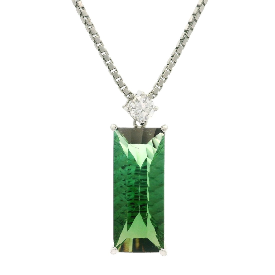 Platinum 9.09ct Green Tourmaline Diamond Pendant Necklace Adjustable: Platinum 9.09ct Green Tourmaline Diamond Pendant Necklace Adjustable This exquisite adjustable necklace features a stunning pendant crafted from solid platinum, showcasing a long rectangular natural g