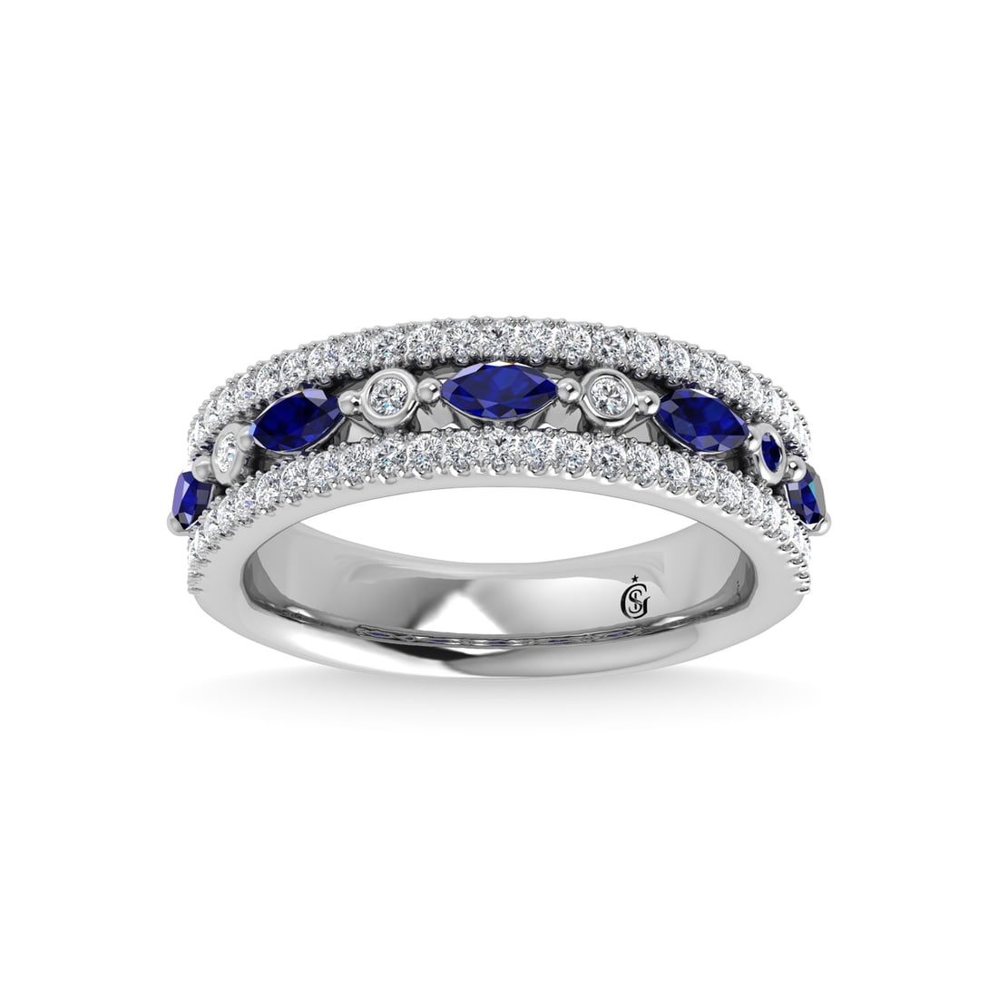 14K White Gold Diamond 7/8 Ct.Tw. And Blue Sapphire Fashion Band: 14K White Gold Diamond 7/8 Ct.Tw. And Blue Sapphire Fashion Band 14k White Gold Stone Color: G-h Stone Clarity: I1 Each ring is presented in standard size 6.5. Complimentary resizing is available betw