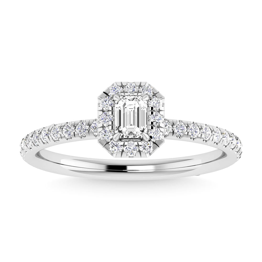 Diamond 3/4 Ct.Tw. Center Emerald Engagement Ring in 14K White Gold: Diamond 3/4 Ct.Tw. Center Emerald Engagement Ring in 14K White Gold 14k White Gold Stone Color: G-h Stone Clarity: I1 Each ring is presented in standard size 6.5. Complimentary resizing is available