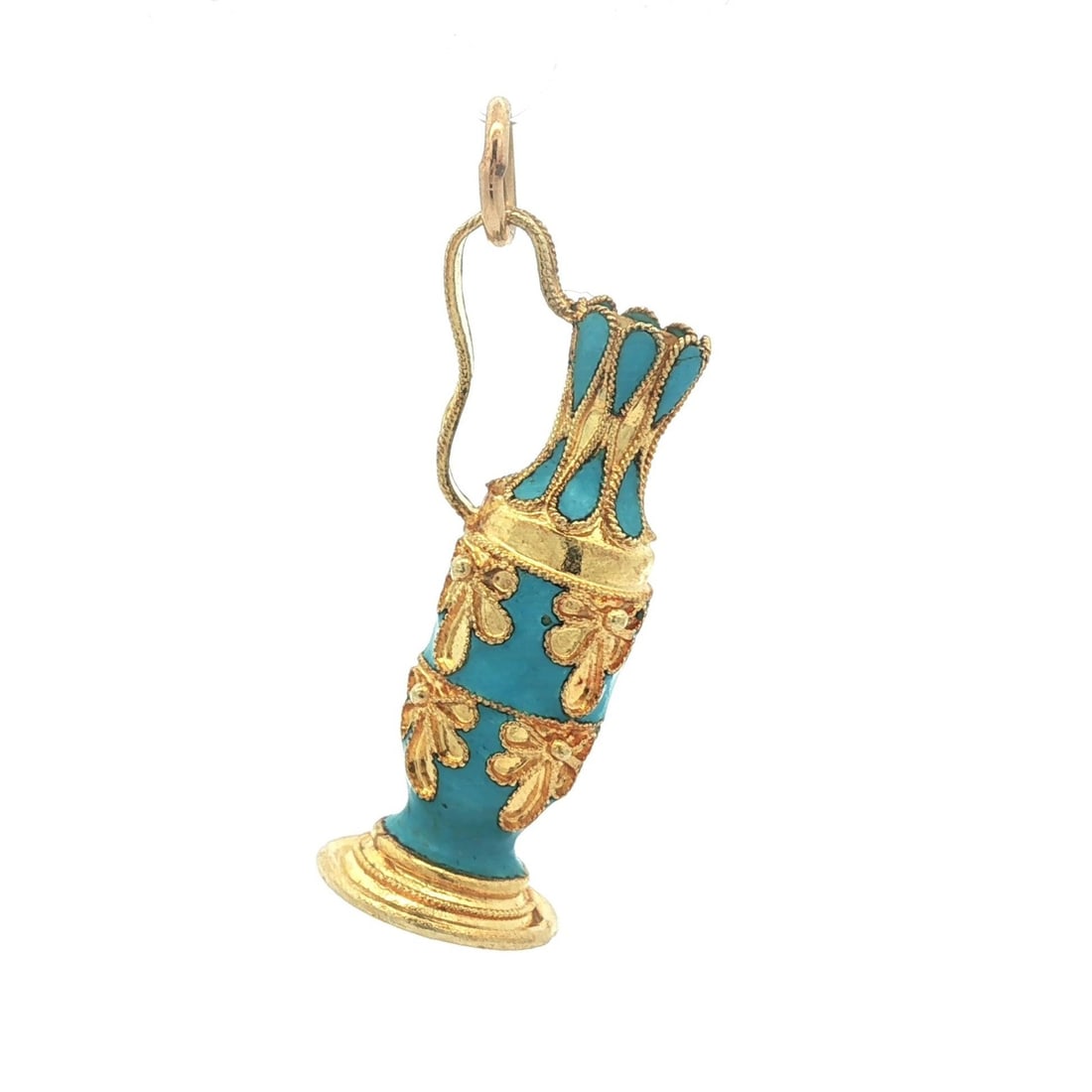 Vintage 17-18K Yellow Gold Blue Enamel Pitcher Charm Pendant: Vintage 17-18K Yellow Gold Blue Enamel Pitcher Charm Pendant This exquisite vintage charm pendant showcases a detailed pitcher design, crafted from 17-18K solid yellow gold and adorned with vibrant bl
