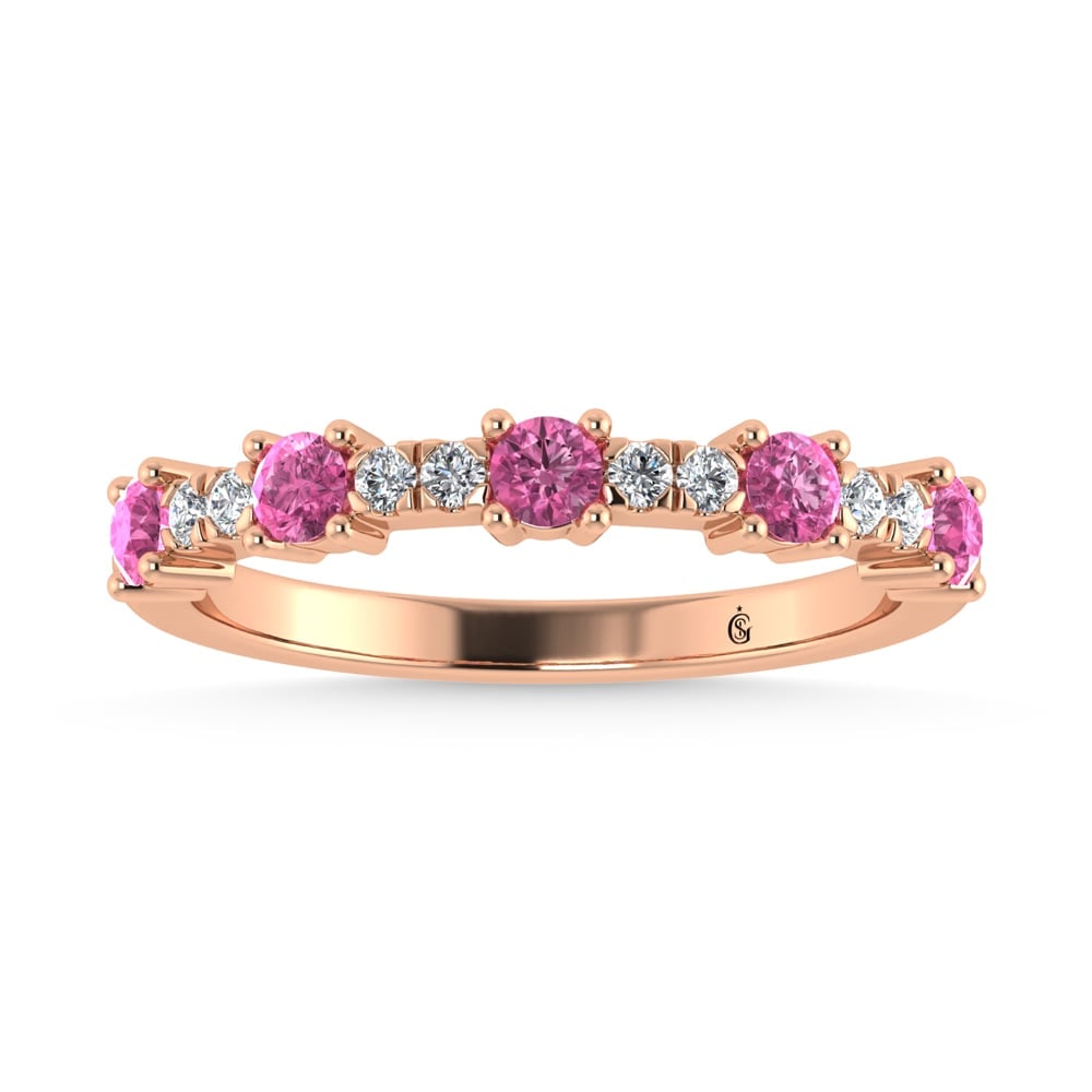 14K Rose Gold Diamond 5/8 Ct. Tw. Alternate Diamond and Pink Sapphire Stackable Band: 14K Rose Gold Diamond 5/8 Ct. Tw. Alternate Diamond and Pink Sapphire Stackable Band 14k Rose Gold Stone Color: G-h Stone Clarity: Si3 Each ring is presented in standard size 6.5. Complimentary resizi