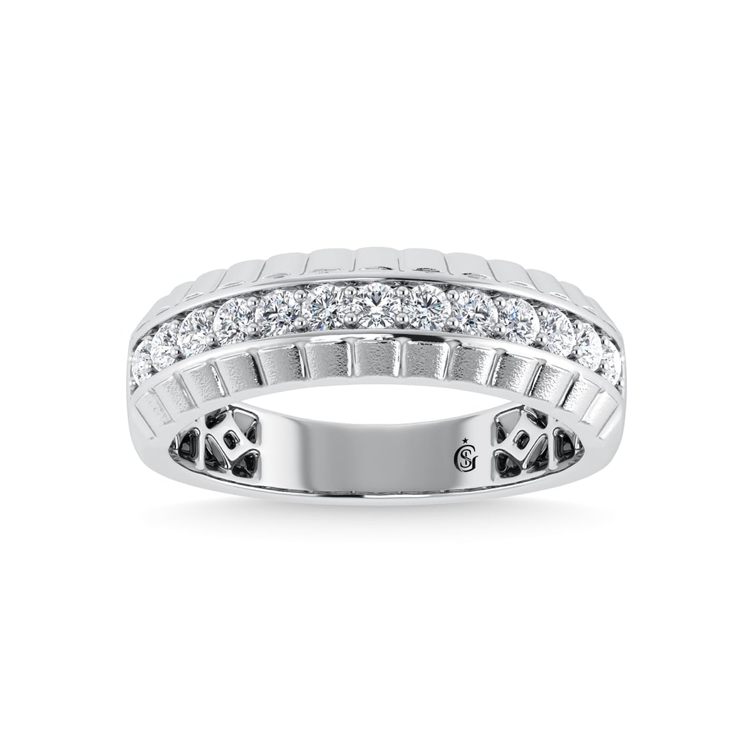 14K White Gold Diamond 1/2 Ct.Tw. Mens Band: 14K White Gold Diamond 1/2 Ct.Tw. Mens Band 14k White Gold Stone Color: G-h Stone Clarity: I1-i2 Each ring is presented in standard size 6.5. Complimentary resizing is available between sizes 510 (in