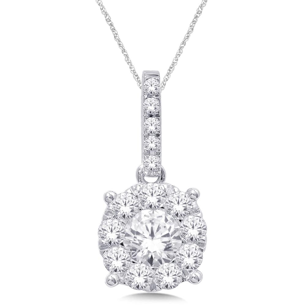 14K White Gold 9/10 Ct.Tw. Diamond Fashion Pendant: 14K White Gold 9/10 Ct.Tw. Diamond Fashion Pendant This glamorous pendant is available in 14K White Gold. There are 15 round diamonds with a total carat weight of 9/10 Ct.Tw. set in a micro prong sett