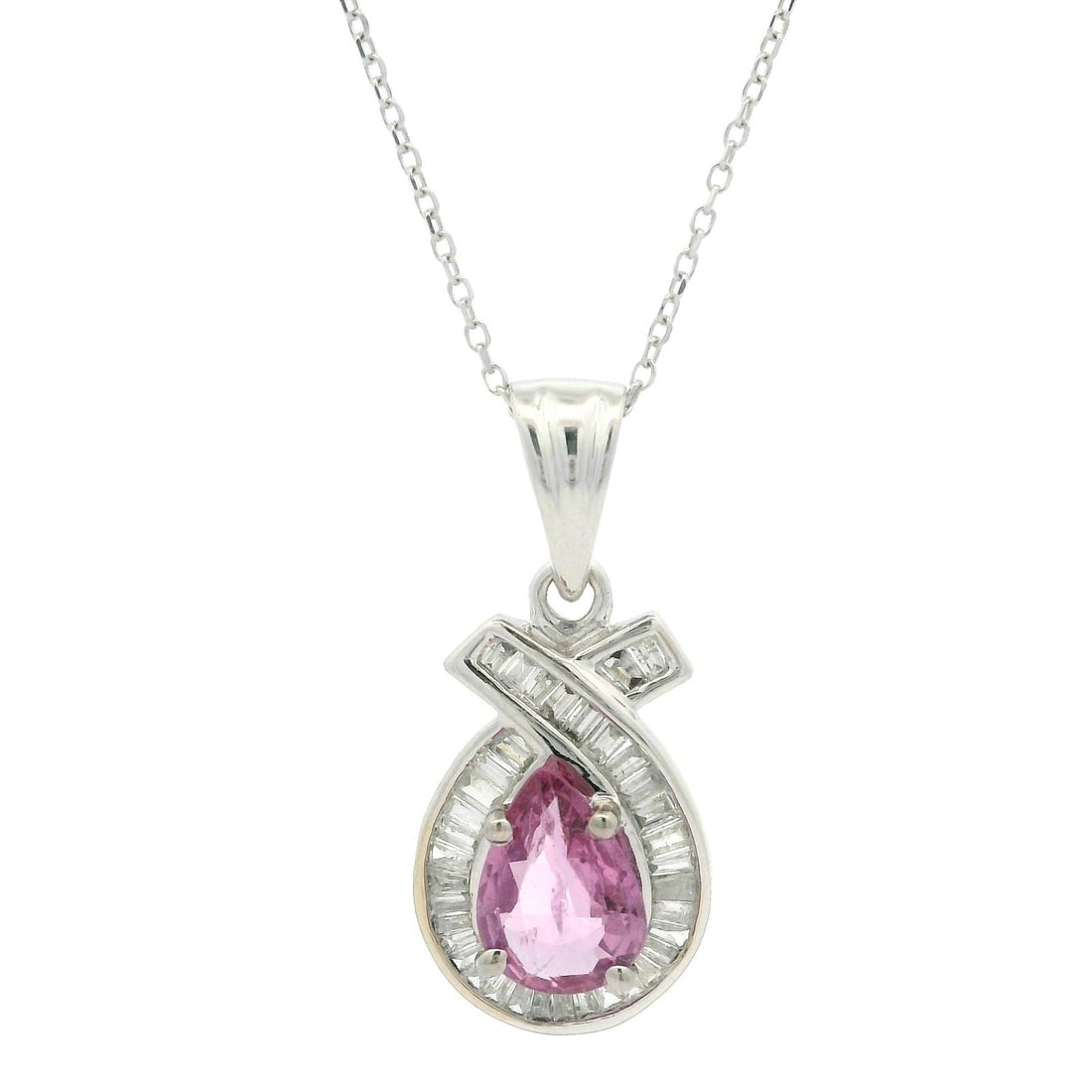 14k White Gold 1.55ct Pink Sapphire Diamond Teardrop Necklace: 14k White Gold 1.55ct Pink Sapphire Diamond Teardrop Necklace This exquisite necklace features a stunning teardrop pendant crafted from solid 14k white gold. The centerpiece is a natural pink sapphire