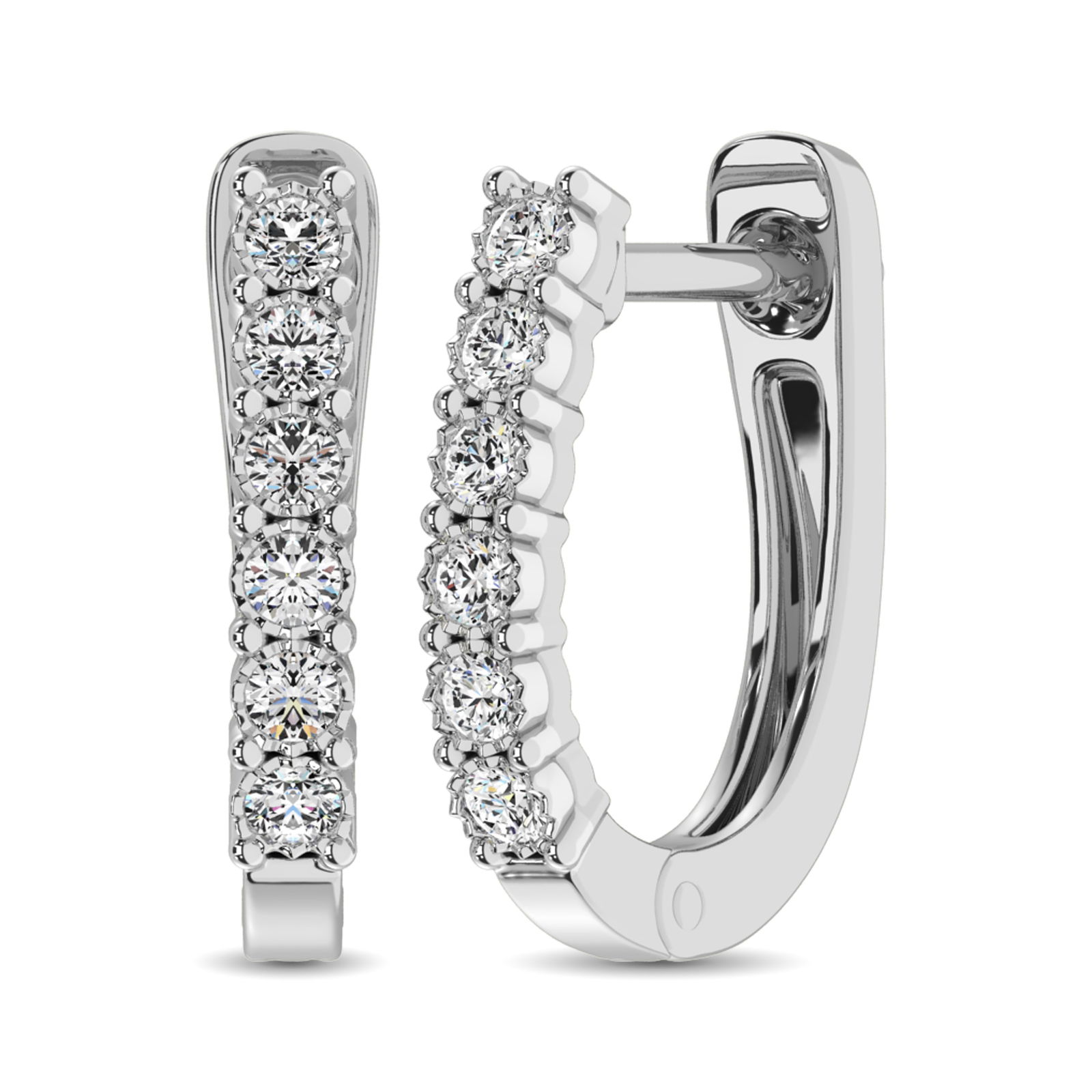 14K White Gold 1/5 Ct.Tw. Diamond Hoop Earrings: 14K White Gold 1/5 Ct.Tw. Diamond Hoop Earrings These glamorous Earrings are available in 14K White Gold. There are 12 round diamonds with a total carat weight of 1/5 Ct.Tw. 14k White Gold Stone Color