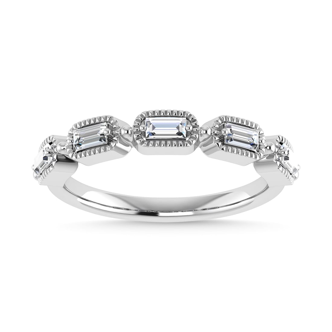 Diamond 1/4 Ct.Tw. Baguette Cut Anniversary Band in 14K White Gold: Diamond 1/4 Ct.Tw. Baguette Cut Anniversary Band in 14K White Gold 14k White Gold Stone Color: G-h Stone Clarity: Si2-i1 Each ring is presented in standard size 6.5. Complimentary resizing is availabl