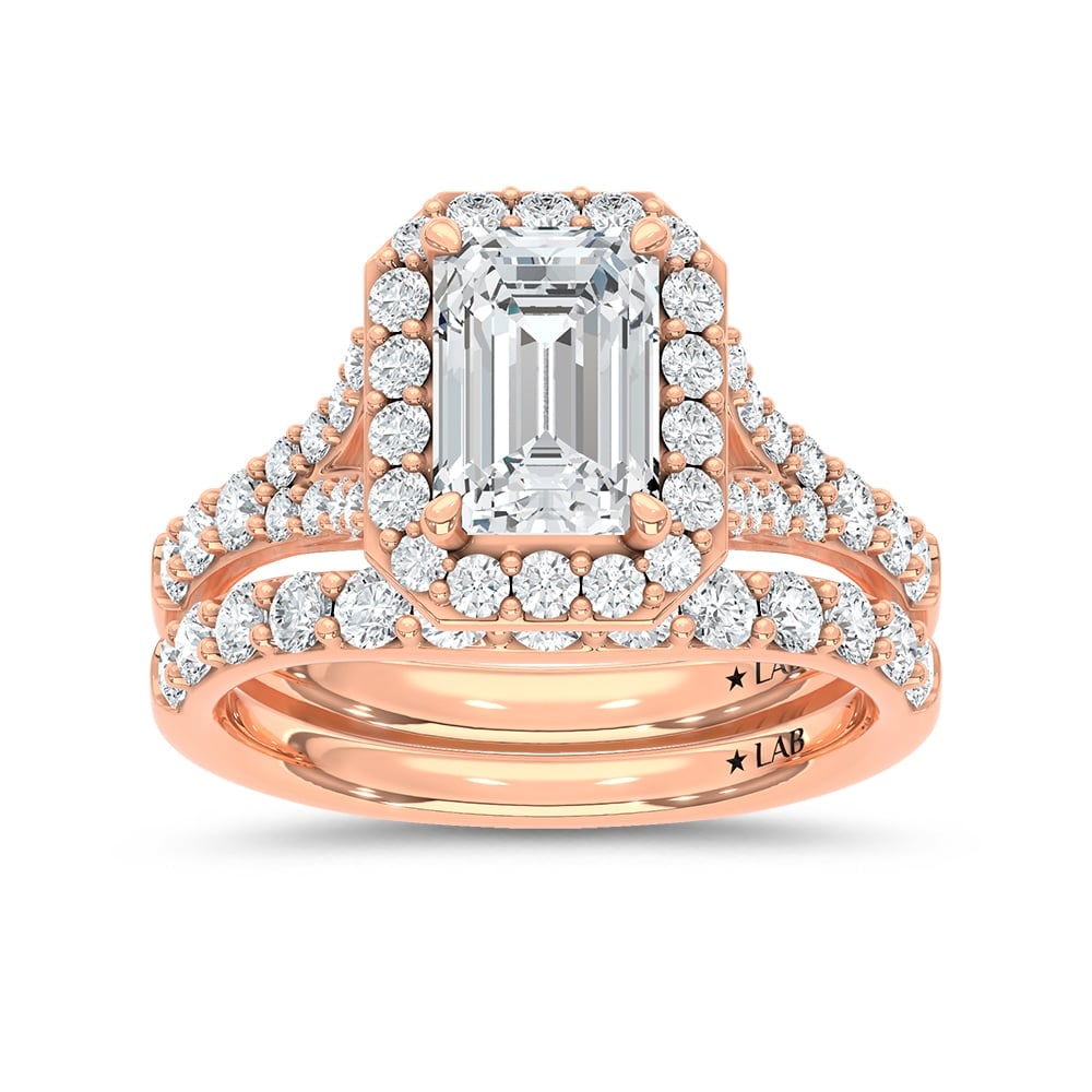 14K Rose Gold 3 Ct.Tw. Lab Grown Diamond Emerald Shape Bridal Ring (IGI Certified Center 2ct: 14K Rose Gold 3 Ct.Tw. Lab Grown Diamond Emerald Shape Bridal Ring (IGI Certified Center 2ct Emerald) 14k Rose Gold Stone Color: D-f Stone Clarity: Vs Each ring is presented in standard size 6.5. Comp