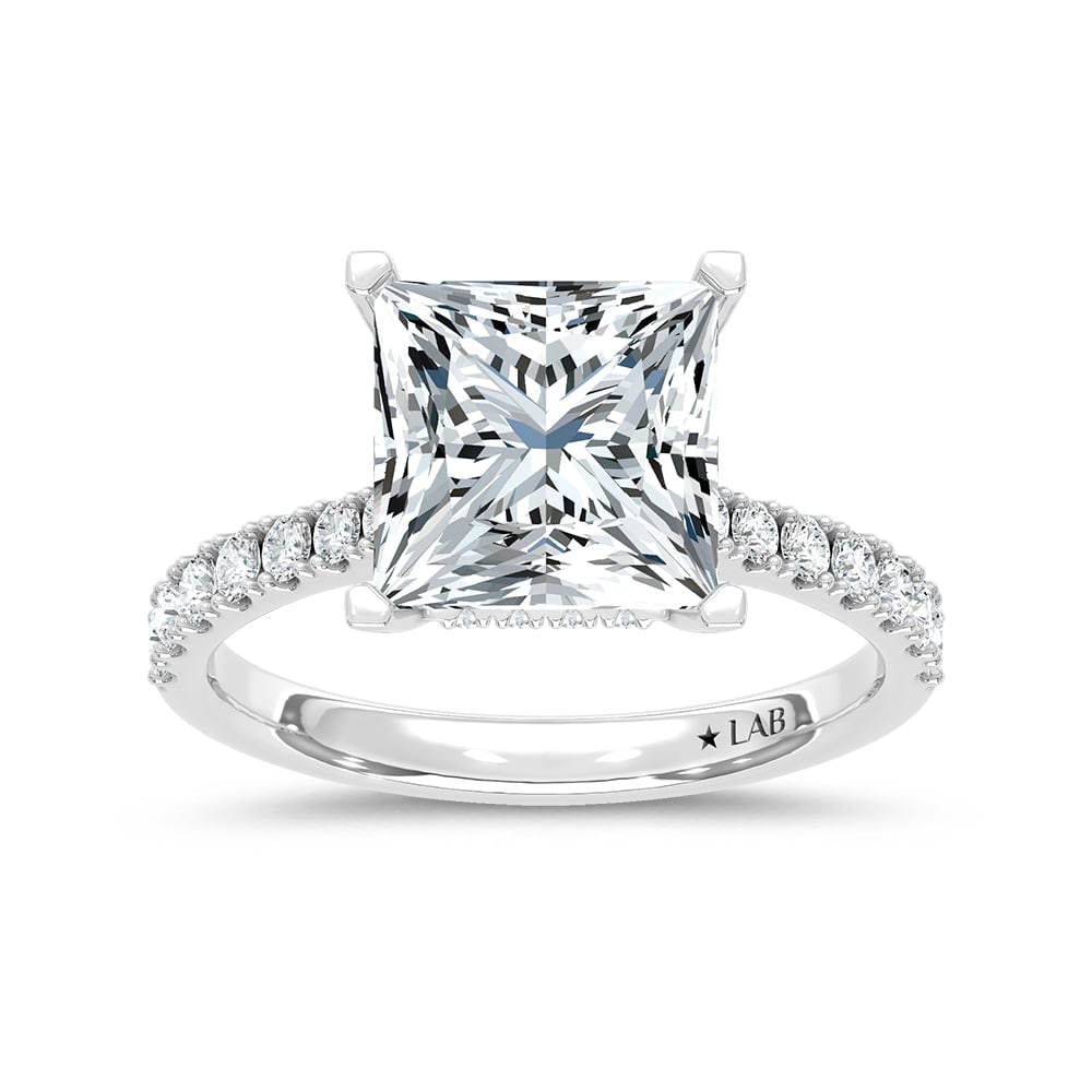 14K White Gold Lab Grown Diamond 3 3/8 Ct.Tw. Princess Shape Hidden Halo Engagement Ring: 14K White Gold Lab Grown Diamond 3 3/8 Ct.Tw. Princess Shape Hidden Halo Engagement Ring Discover subtle brilliance and modern elegance with our Hidden Halo Diamond Engagement Ring. This elegant engag
