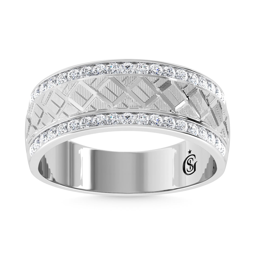 14KT 1/2CT MACHINE GENTS MACHINE CREATIVE BAND: 14KT 1/2CT MACHINE GENTS MACHINE CREATIVE BAND 14k White Gold Stone Color: G-h Stone Clarity: Si2 Each ring is presented in standard size 6.5. Complimentary resizing is available between sizes 510 (in