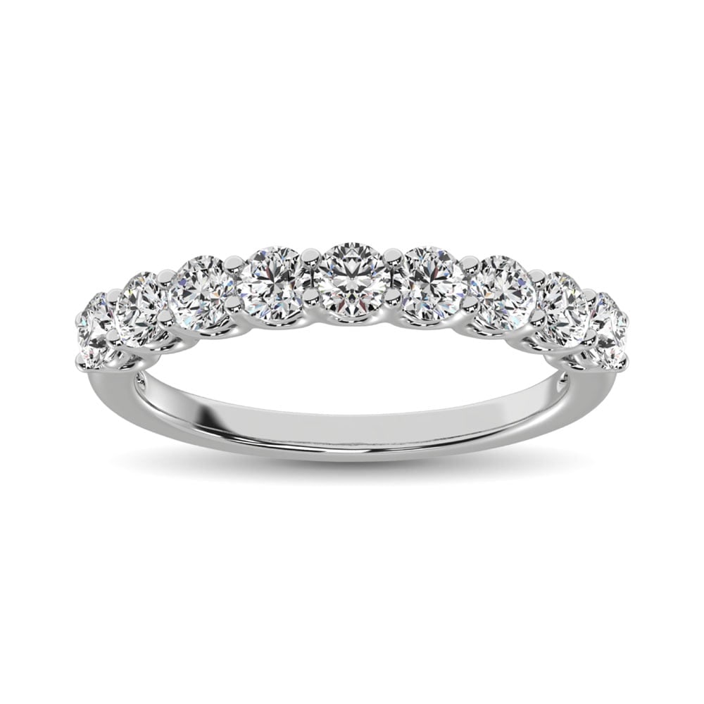 14K White Gold Diamond 1 Ct.Tw. 9 Stone Anniversary Band: 14K White Gold Diamond 1 Ct.Tw. 9 Stone Anniversary Band This beautiful Anniversary Band is available in 14K White Gold. There are 9 round diamonds with a total carat weight of 1 Ct.Tw. set in a Prong