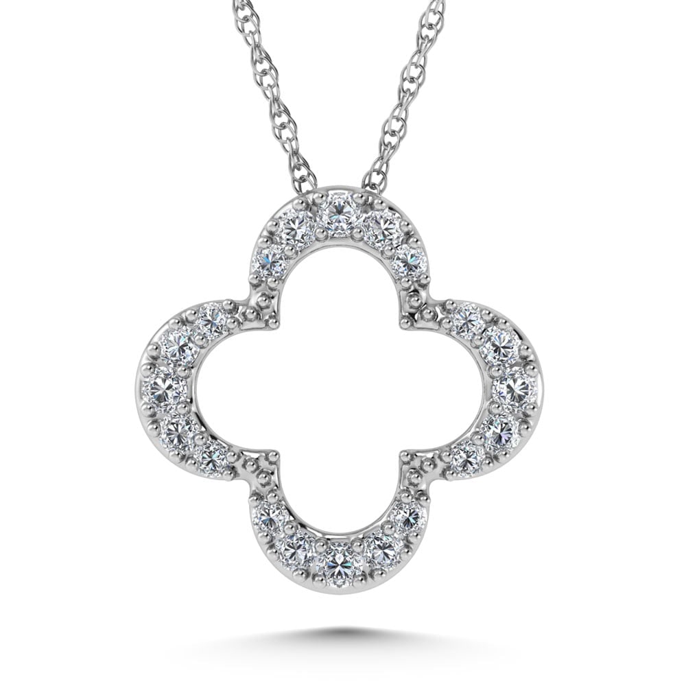 14K White Gold Diamond 1/8.Ct. Tw. Four Leaf Clover Pendant: 14K White Gold Diamond 1/8.Ct. Tw. Four Leaf Clover Pendant 14k White Gold Stone Color: G-h Stone Clarity: Si3 Unless otherwise specified, pendants that include a chain are paired with our standard