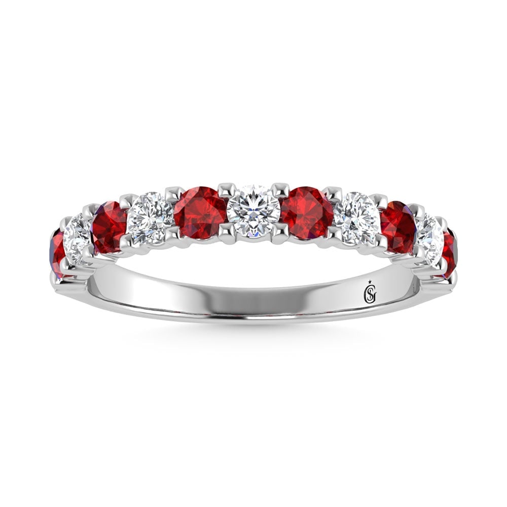 14K White Gold Machine Set Alternate Ruby and Diamond 7/8 Ct.Tw. Band: 14K White Gold Machine Set Alternate Ruby and Diamond 7/8 Ct.Tw. Band 14k White Gold Stone Color: G-h Stone Clarity: I2 Each ring is presented in standard size 6.5. Complimentary resizing is available