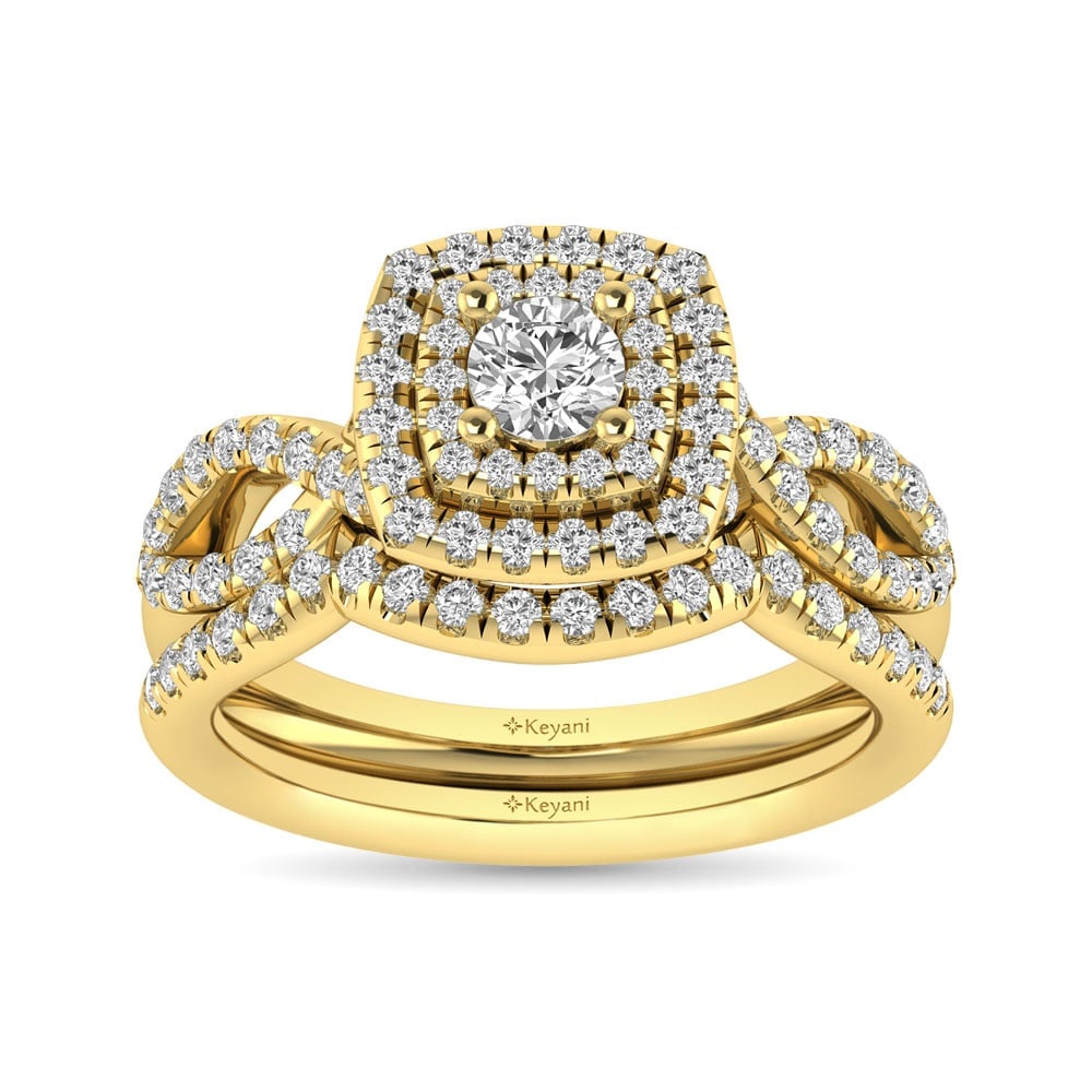 Diamond Twist Shank Double Halo Bridal Ring 1 Ct.tw Round Cut in 14K Yellow Gold: Diamond Twist Shank Double Halo Bridal Ring 1 Ct.tw Round Cut in 14K Yellow Gold This Twist Shank Double Halo Bridal Ring set with Round Cut diamond 1/4 Ct.Tw. center. Total diamond weight 1 Ct.Tw. 14