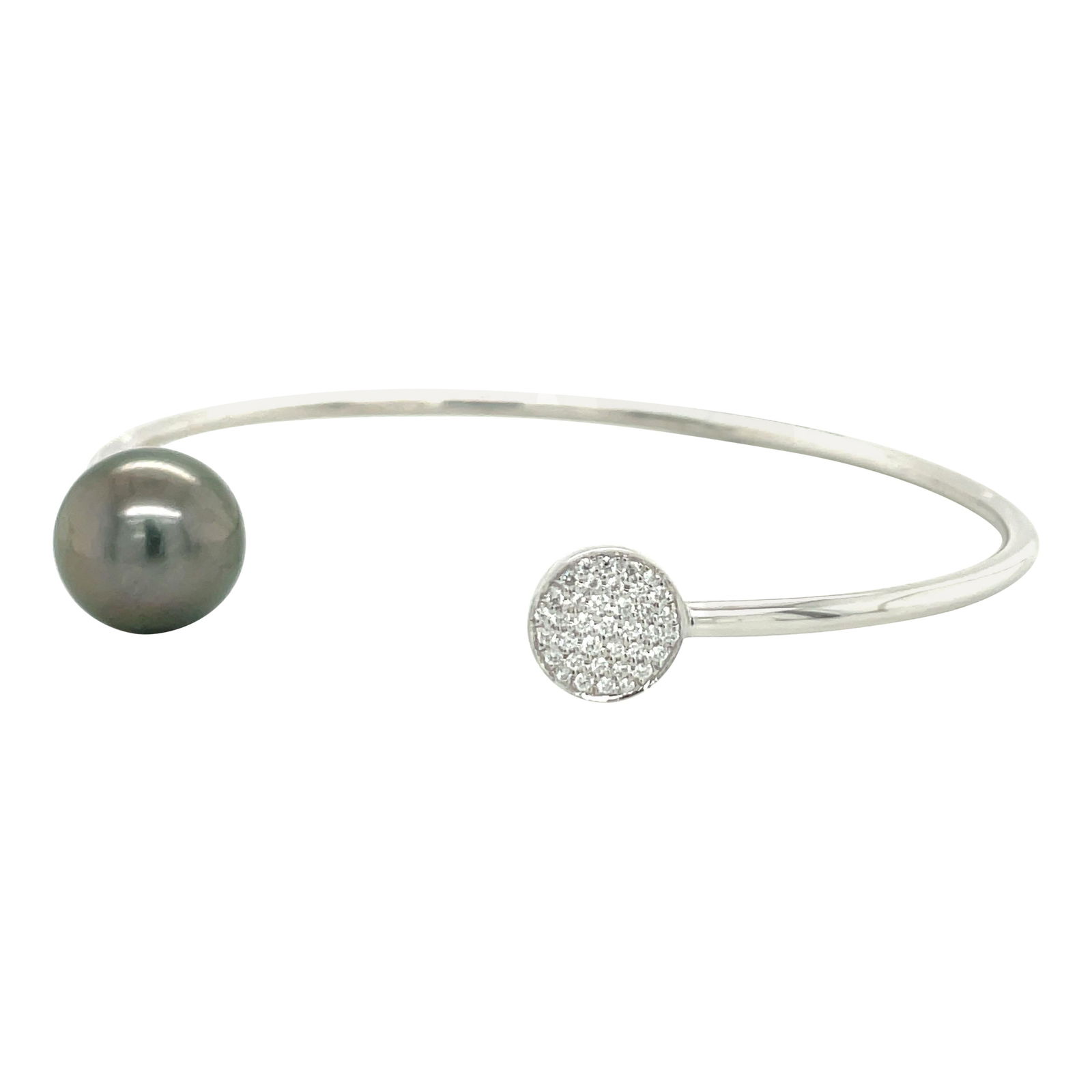 Harbor Diamonds 14K White Gold Open Bangle with Diamond and South Sea Pearl: Harbor Diamonds 14K White Gold Open Bangle with Diamond and South Sea Pearl This exquisite 14 Karat White Gold Open Bangle showcases a stunning design, perfect for contemporary aesthetics. It features
