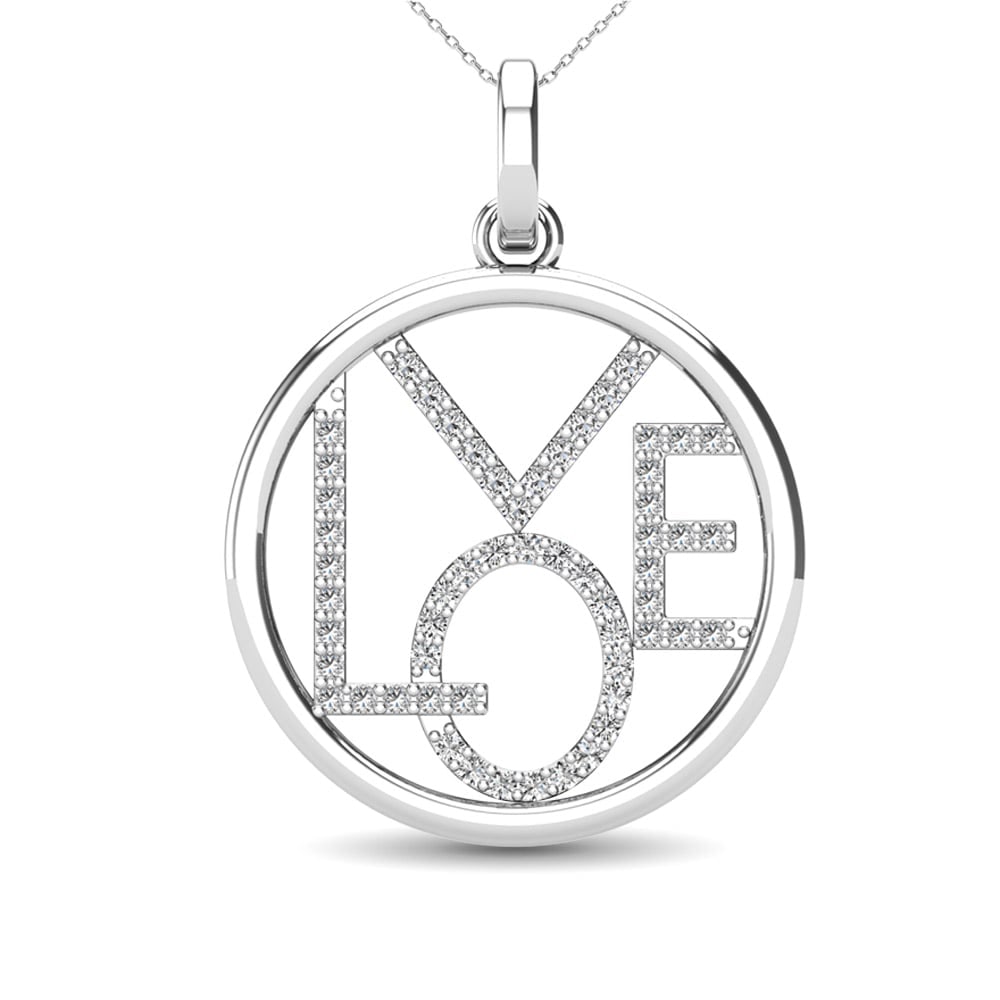 Diamond 1/10 Ct.Tw. LOVE Pendant in 10K White Gold: Diamond 1/10 Ct.Tw. LOVE Pendant in 10K White Gold This 10K White gold pendant feature the Letter LOVE inside the circle and adorn with sparkling diamonds of 1/10 Ct.Tw. This pendant suspends along an