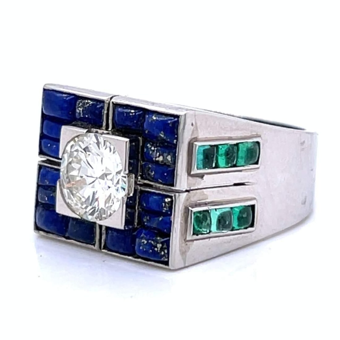 Art Deco Platinum Ring with 2.00 Ct Diamond Emerald and Lapis Lazuli (1 of 5)