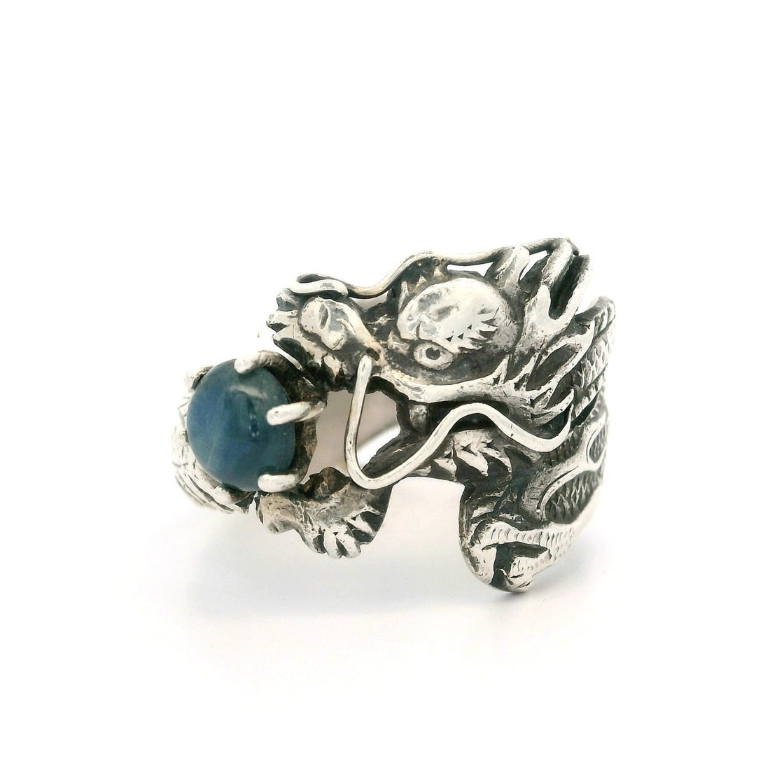 Vintage Sterling Silver Dragon Wrap Ring with Natural Star Sapphire: Vintage Sterling Silver Dragon Wrap Ring with Natural Star Sapphire This exquisite Vintage Sterling Silver Wide Wrap Band Ring features a beautifully detailed dragon design, making it a striking piece