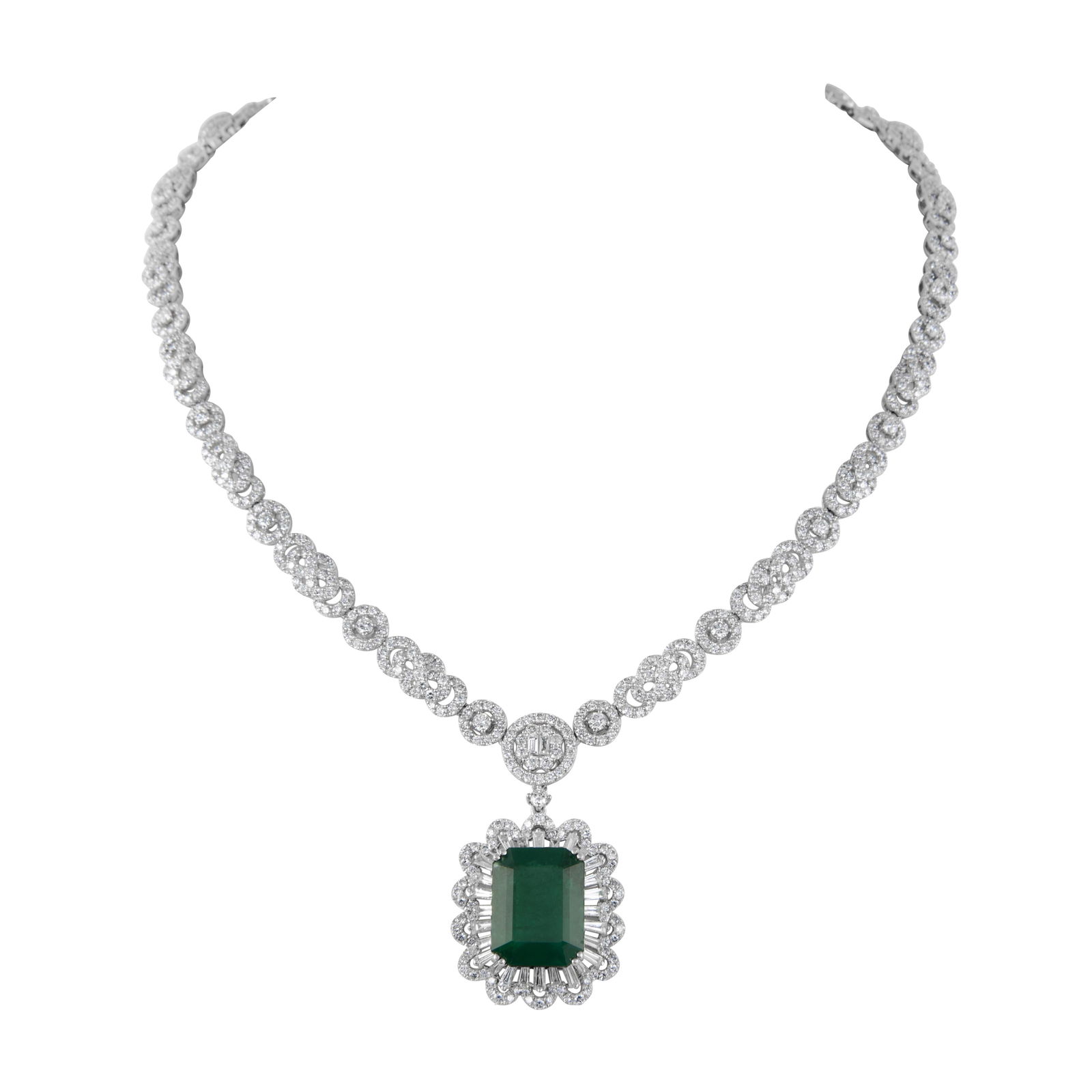 23.92ct Emerald Cut Zambian Emerald and Diamond Necklace 18k White Gold: 23.92ct Emerald Cut Zambian Emerald and Diamond Necklace 18k White Gold This stunning grand necklace features a breathtaking 23.92ct total weight of emeralds and diamonds, crafted in luxurious 18k whi