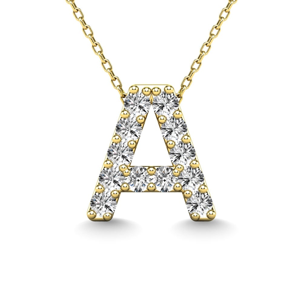 Diamond 1/8 Ct.Tw. Letter A Pendant in 14K Yellow Gold: Diamond 1/8 Ct.Tw. Letter A Pendant in 14K Yellow Gold 14k Yellow Gold Stone Color: G-h Stone Clarity: I1 Unless otherwise specified, pendants that include a chain are paired with our standard 18-inch
