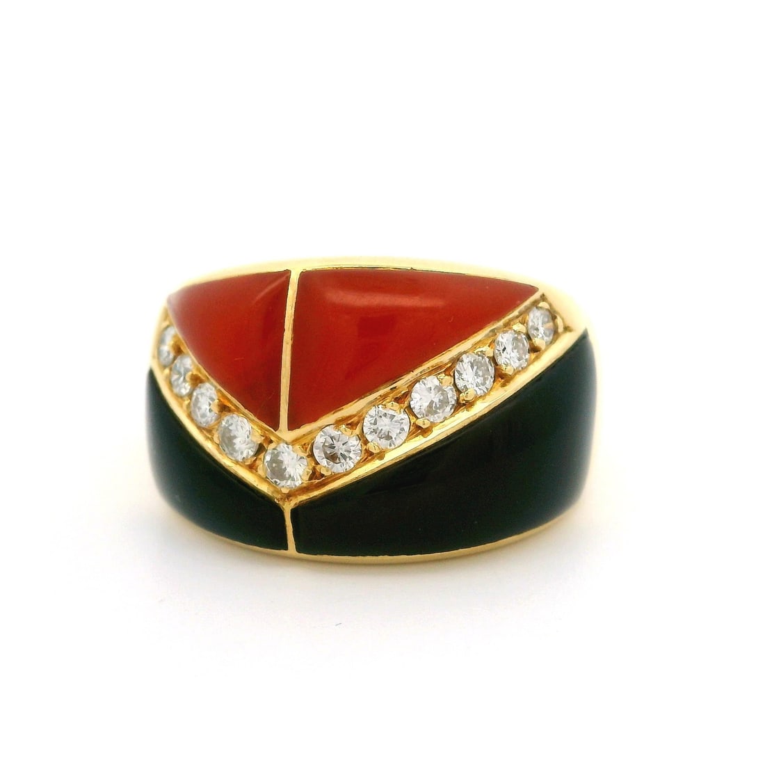 Giovanni Chilleri 18k Yellow Gold Coral Onyx Diamond Band Ring: Giovanni Chilleri 18k Yellow Gold Coral Onyx Diamond Band Ring This exquisite band ring showcases a stunning combination of natural materials and meticulous craftsmanship. The ring features two genuin