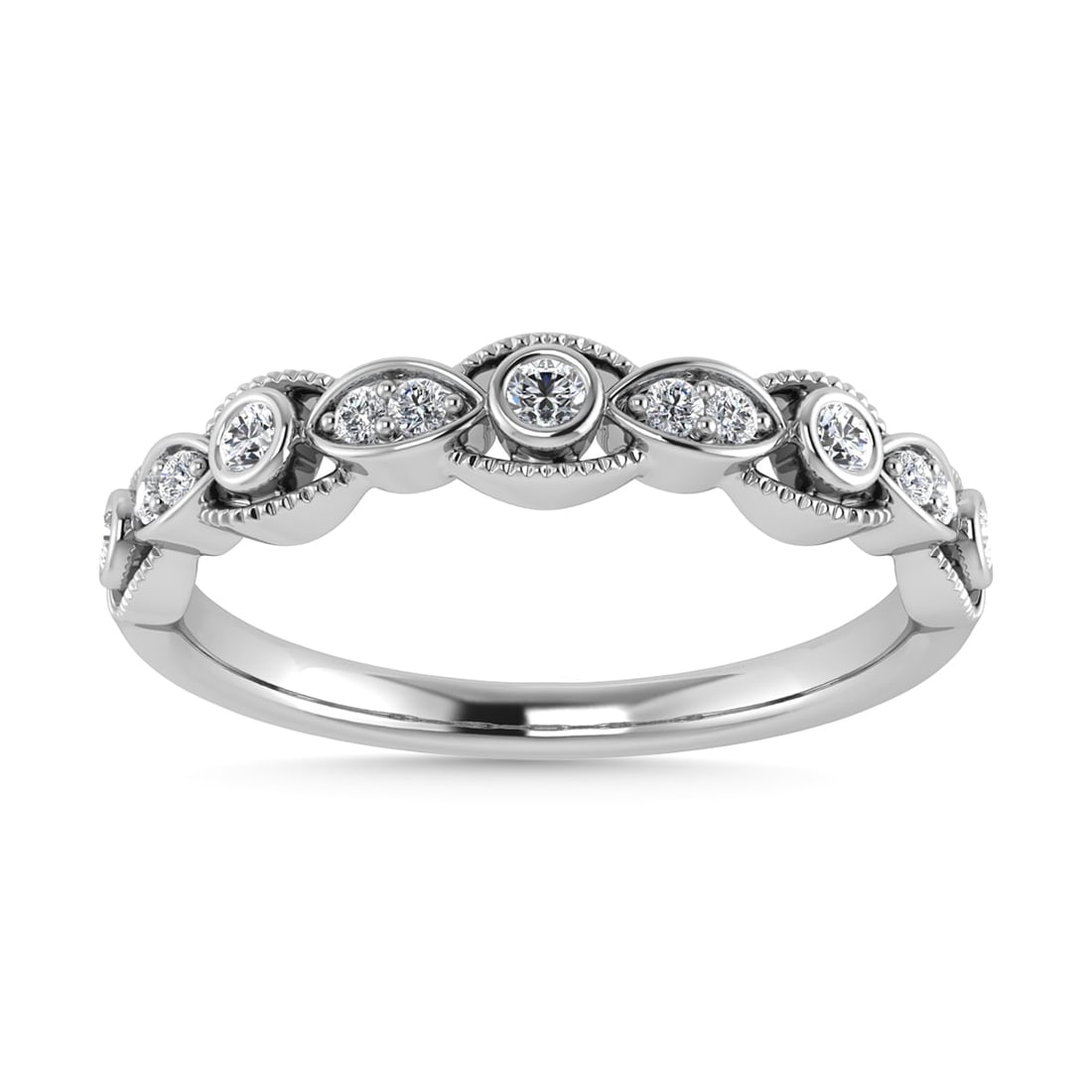 Diamond 1/10 Ct.Tw. Stackable Band in 14K White Gold: Diamond 1/10 Ct.Tw. Stackable Band in 14K White Gold 14k White Gold Stone Color: G-h Stone Clarity: Si2 Each ring is presented in standard size 6.5. Complimentary resizing is available between sizes 5