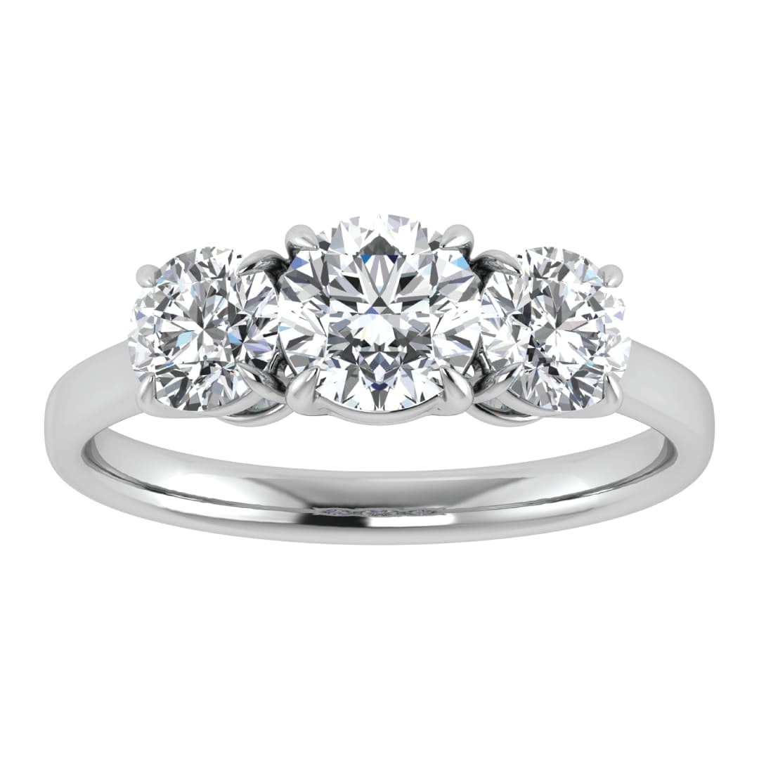 14K White Gold Lab Grown Diamond 2 Ct.Tw. Three Stone Engagement Ring: 14K White Gold Lab Grown Diamond 2 Ct.Tw. Three Stone Engagement Ring This stunning three-stone ring features a sparkling 1 CT Round Center diamond with two shimmering side diamonds, symbolizing past,