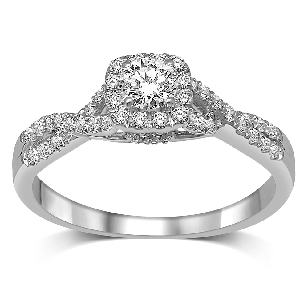 14K White Gold 1/2 Ct.Tw. Diamond Halo Engagement Ring: 14K White Gold 1/2 Ct.Tw. Diamond Halo Engagement Ring This stunning Halo Engagement Ring is available in 14K White Gold. There are 53 round diamonds with a total carat weight of 1/2 Ct.Tw. set in a m