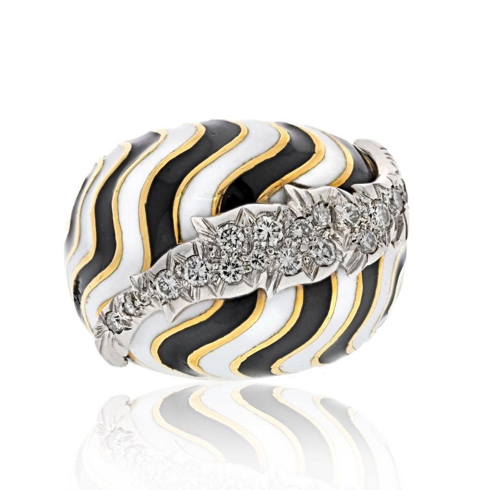 David Webb Bombe Ring 18K Gold Platinum Diamonds Enamel: David Webb Bombe Ring 18K Gold Platinum Diamonds Enamel This exquisite David Webb Bombe diamond enamel ring combines the elegance of platinum and 18K yellow gold. Weighing 25.3 grams, it showcases