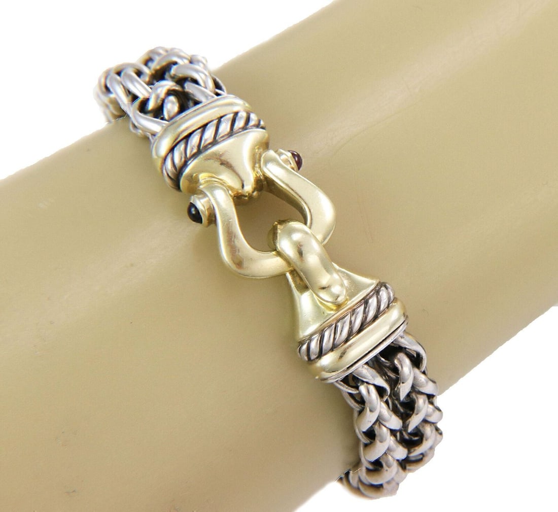 Sterling Silver 14k Gold Double Chain Bracelet with Pink Tourmaline by David Yurman: Sterling Silver 14k Gold Double Chain Bracelet with Pink Tourmaline by David Yurman This David Yurman bracelet features a cabochon pink tourmaline gemstone set in sterling silver with a 14k gold doubl