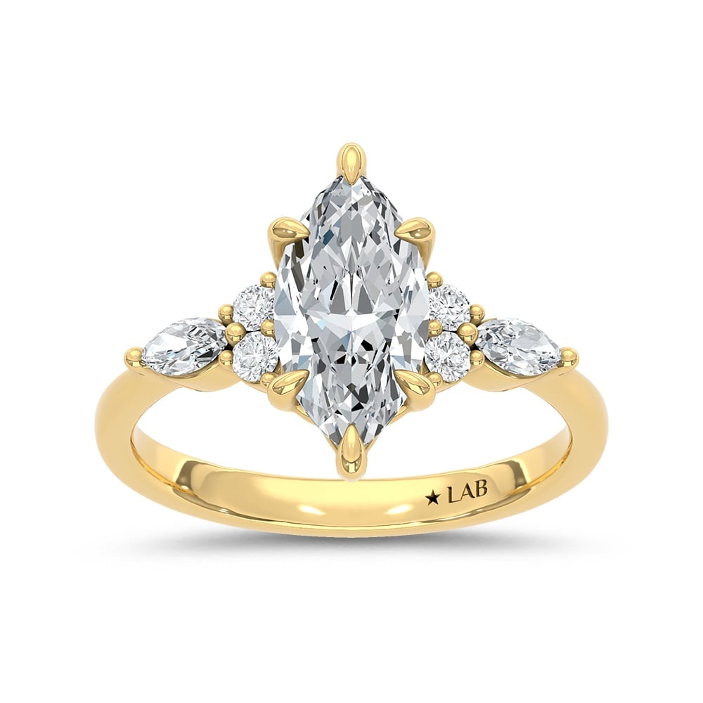 14K Yellow Gold Lab Grown Diamond 1 3/4 Ct.Tw. Marquise Shape Engagement Ring: 14K Yellow Gold Lab Grown Diamond 1 3/4 Ct.Tw. Marquise Shape Engagement Ring 14k Yellow Gold Stone Color: D-f Stone Clarity: Vs Each ring is presented in standard size 6.5. Complimentary resizing is