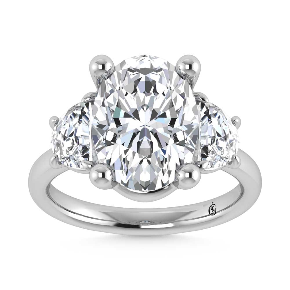 14K White Gold Lab Grown Diamond 6 Ct.Tw. Oval Shape Three Stone Engagement Ring: 14K White Gold Lab Grown Diamond 6 Ct.Tw. Oval Shape Three Stone Engagement Ring This stunning three-stone ring features a sparkling 5 CT Oval Center diamond with two shimmering side diamonds, symboli